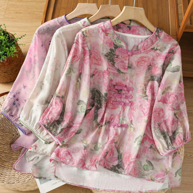 Nimara Ritual Printing Floral Plain Chinese Frog-Button Women's Cotton Three Quarter Sleeve Shirt
