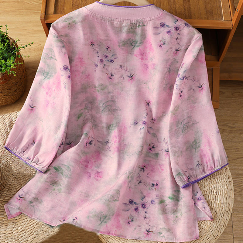 Nimara Ritual Printing Floral Plain Chinese Frog-Button Women's Cotton Three Quarter Sleeve Shirt