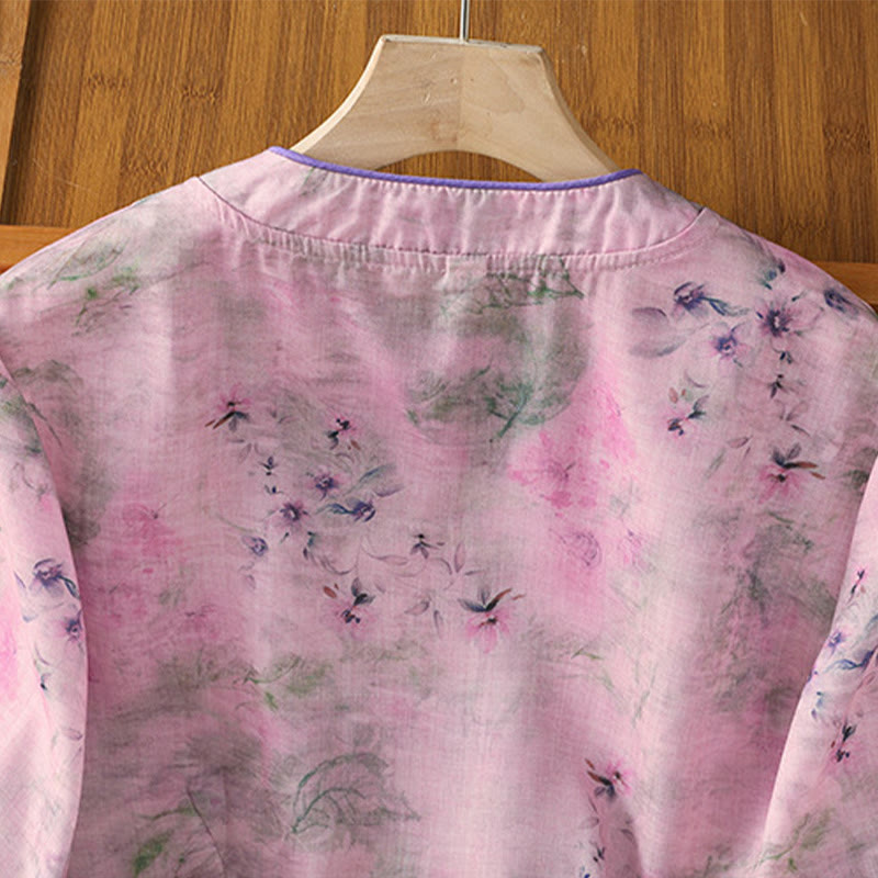 Nimara Ritual Printing Floral Plain Chinese Frog-Button Women's Cotton Three Quarter Sleeve Shirt