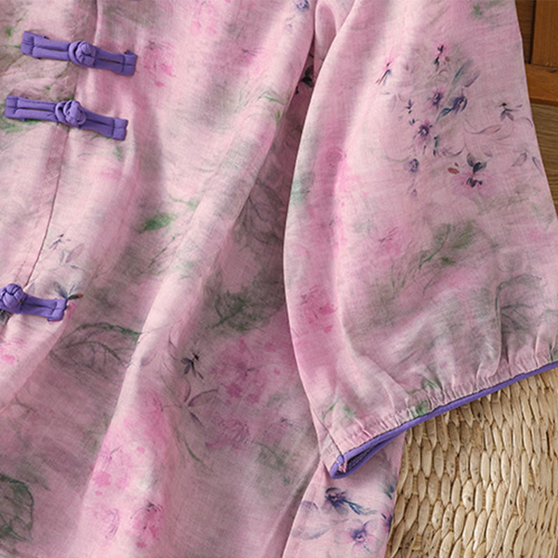 Nimara Ritual Printing Floral Plain Chinese Frog-Button Women's Cotton Three Quarter Sleeve Shirt