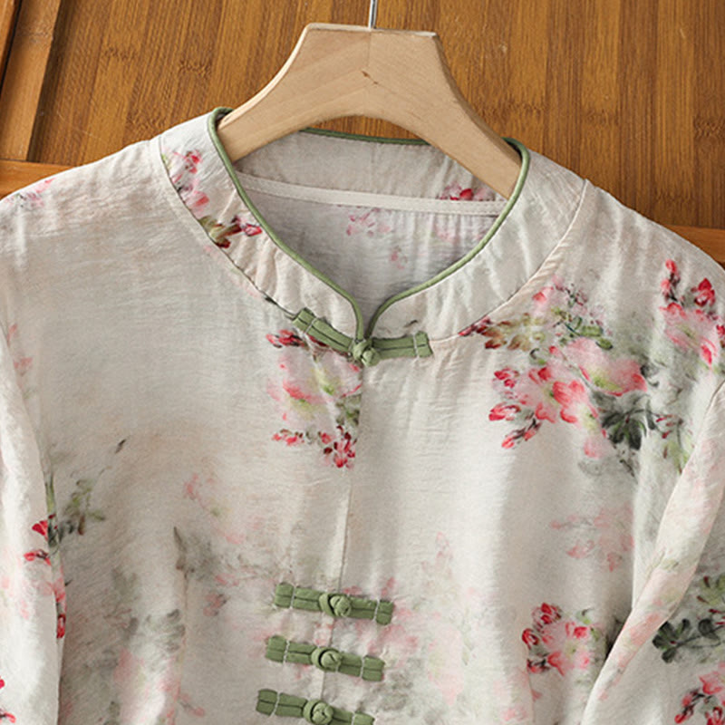 Nimara Ritual Printing Floral Plain Chinese Frog-Button Women's Cotton Three Quarter Sleeve Shirt