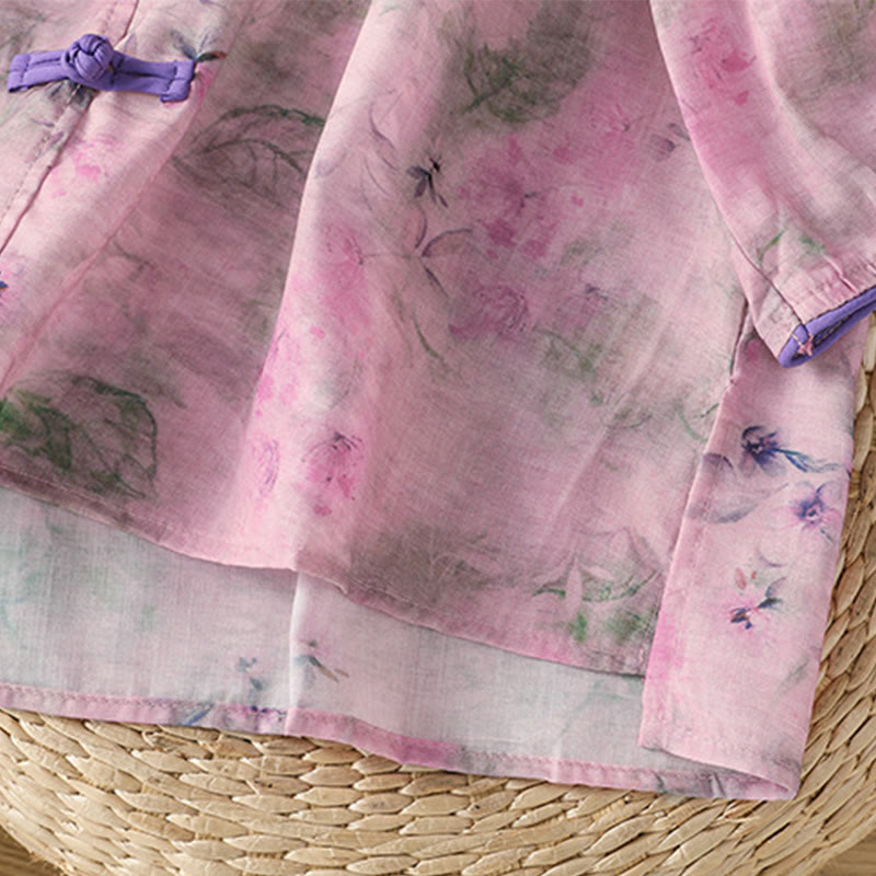 Nimara Ritual Printing Floral Plain Chinese Frog-Button Women's Cotton Three Quarter Sleeve Shirt