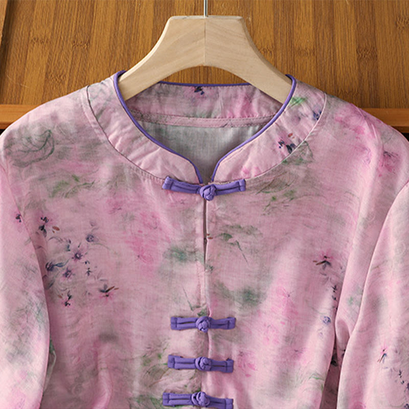 Nimara Ritual Printing Floral Plain Chinese Frog-Button Women's Cotton Three Quarter Sleeve Shirt