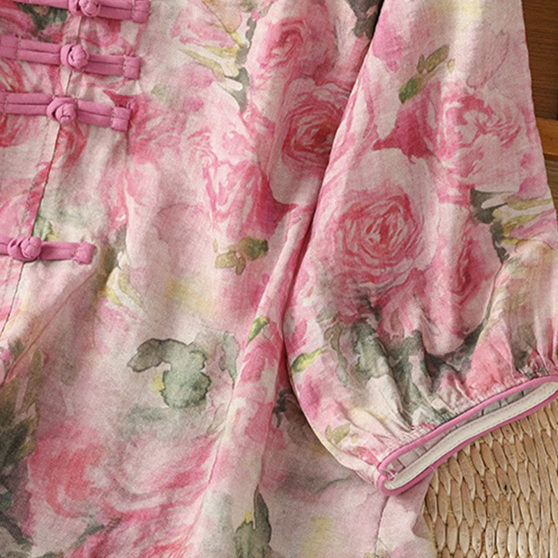 Nimara Ritual Printing Floral Plain Chinese Frog-Button Women's Cotton Three Quarter Sleeve Shirt