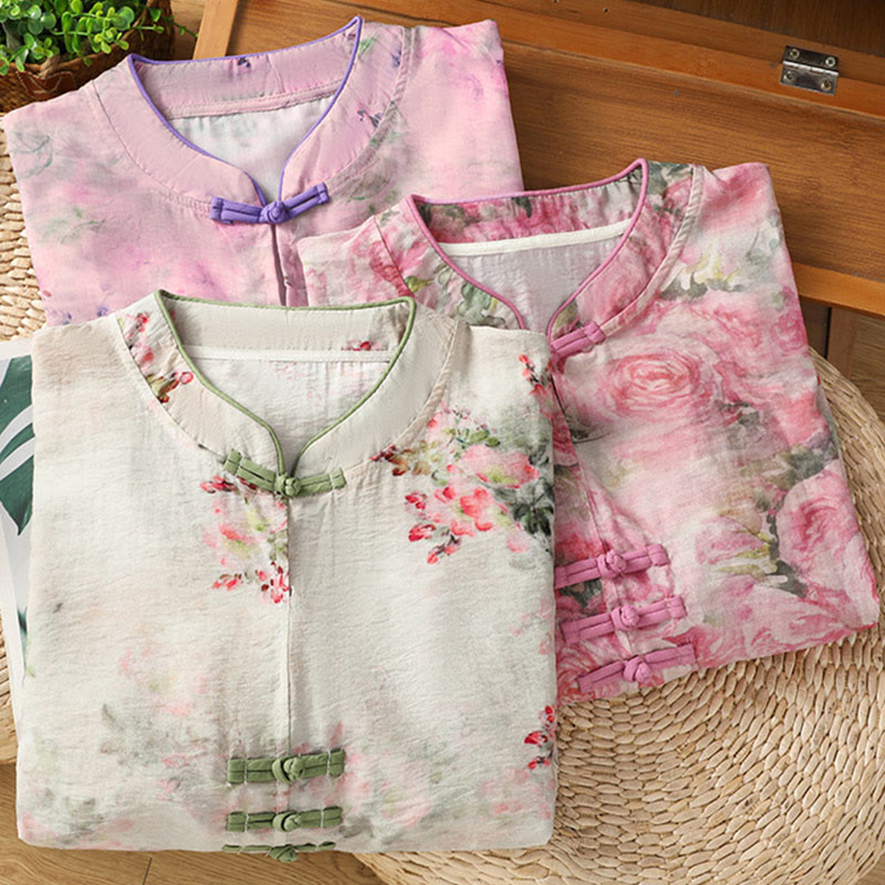 Nimara Ritual Printing Floral Plain Chinese Frog-Button Women's Cotton Three Quarter Sleeve Shirt