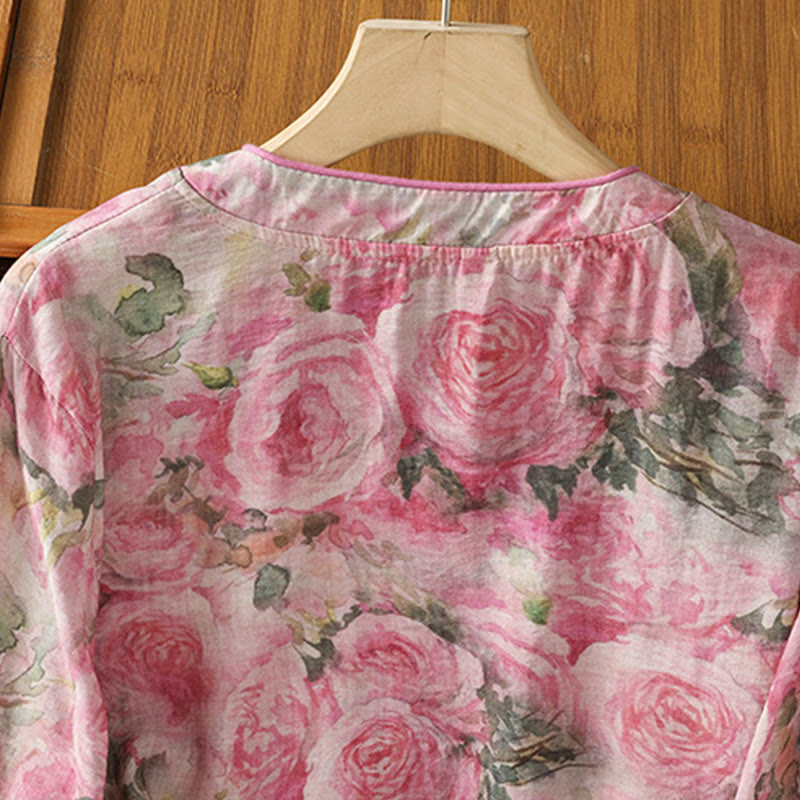 Nimara Ritual Printing Floral Plain Chinese Frog-Button Women's Cotton Three Quarter Sleeve Shirt