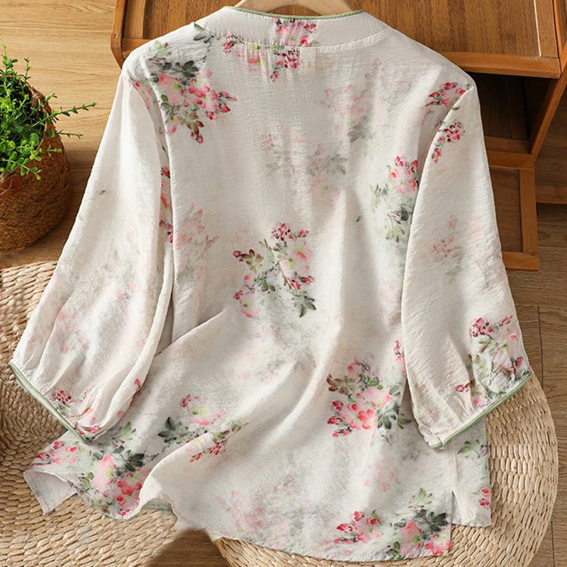 Nimara Ritual Printing Floral Plain Chinese Frog-Button Women's Cotton Three Quarter Sleeve Shirt