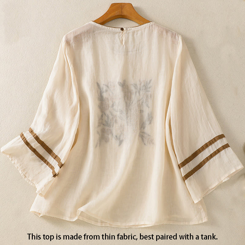 Nimara Ritual Retro Embroidery Floral Three Quarter Sleeve Women's Cotton T-Shirt