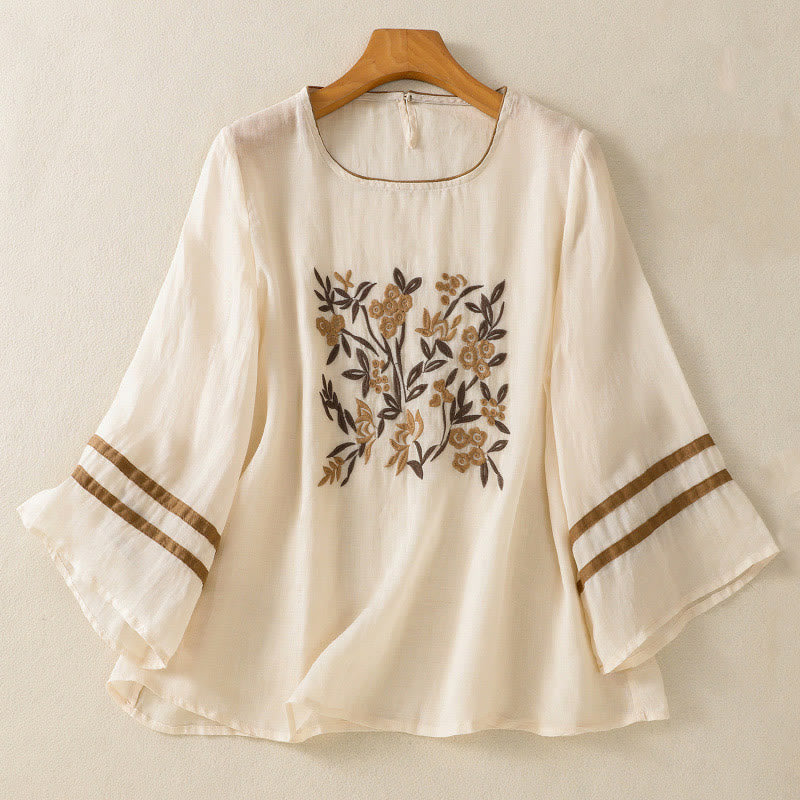 Nimara Ritual Retro Embroidery Floral Three Quarter Sleeve Women's Cotton T-Shirt