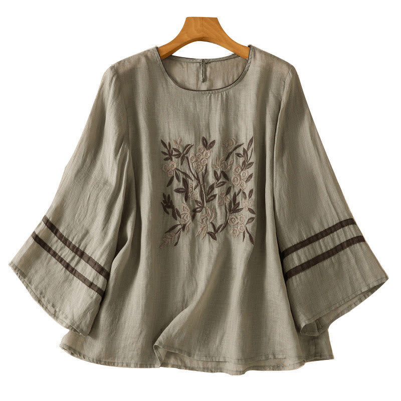 Nimara Ritual Retro Embroidery Floral Three Quarter Sleeve Women's Cotton T-Shirt