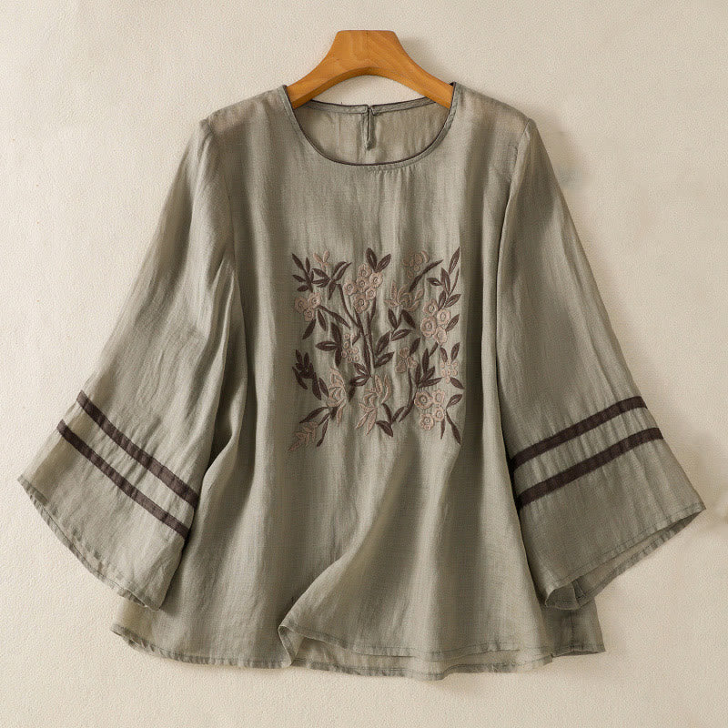 Nimara Ritual Retro Embroidery Floral Three Quarter Sleeve Women's Cotton T-Shirt