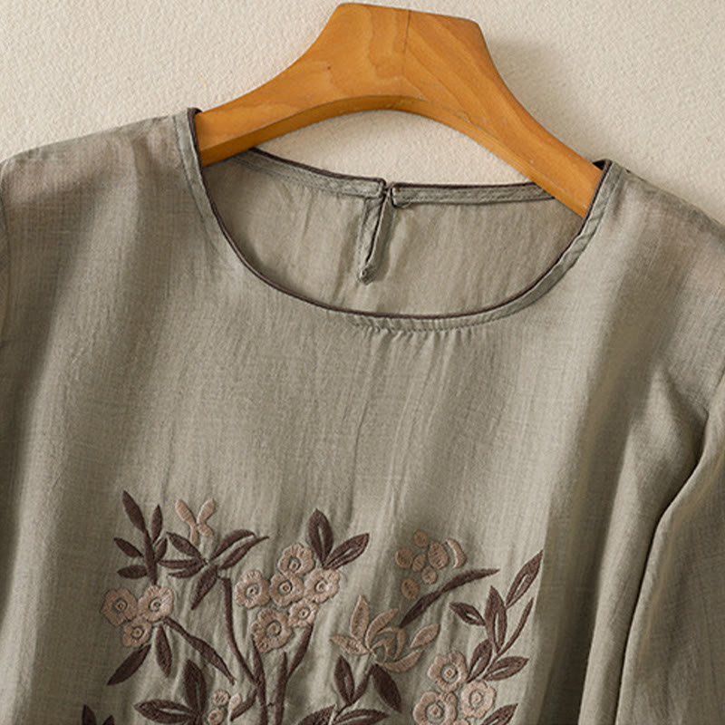Nimara Ritual Retro Embroidery Floral Three Quarter Sleeve Women's Cotton T-Shirt