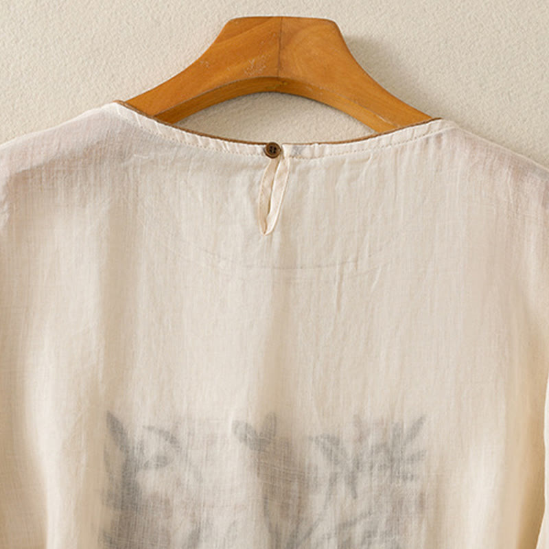 Nimara Ritual Retro Embroidery Floral Three Quarter Sleeve Women's Cotton T-Shirt