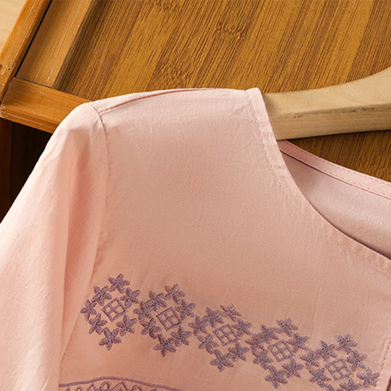 Nimara Ritual Embroidery Pleated Buttons Long Lantern Sleeve Women's Cotton Shirt
