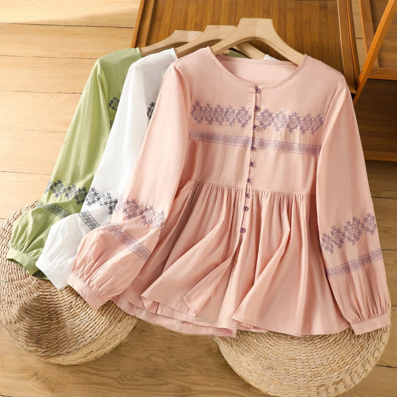 Nimara Ritual Embroidery Pleated Buttons Long Lantern Sleeve Women's Cotton Shirt
