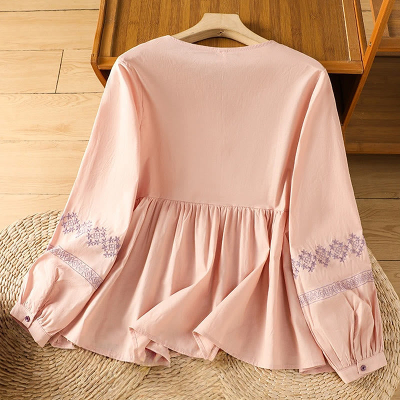 Nimara Ritual Embroidery Pleated Buttons Long Lantern Sleeve Women's Cotton Shirt