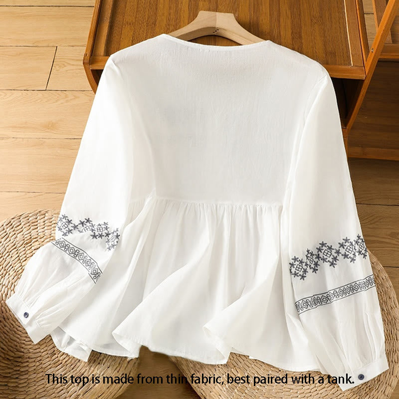 Nimara Ritual Embroidery Pleated Buttons Long Lantern Sleeve Women's Cotton Shirt