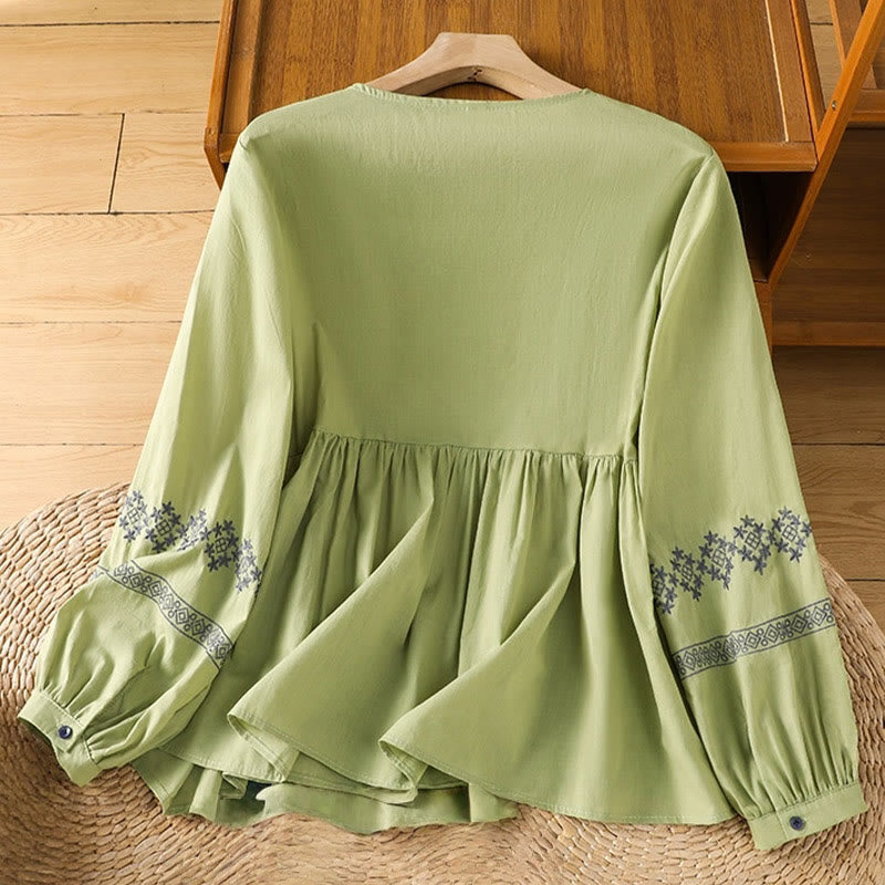 Nimara Ritual Embroidery Pleated Buttons Long Lantern Sleeve Women's Cotton Shirt