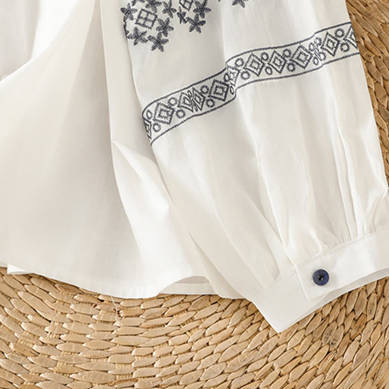 Nimara Ritual Embroidery Pleated Buttons Long Lantern Sleeve Women's Cotton Shirt