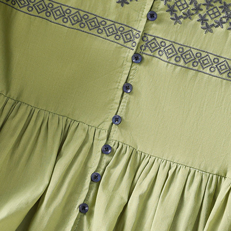 Nimara Ritual Embroidery Pleated Buttons Long Lantern Sleeve Women's Cotton Shirt