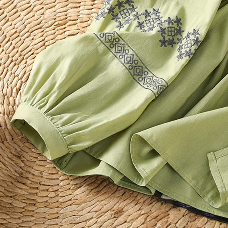 Nimara Ritual Embroidery Pleated Buttons Long Lantern Sleeve Women's Cotton Shirt