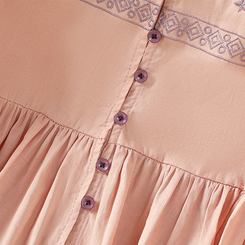 Nimara Ritual Embroidery Pleated Buttons Long Lantern Sleeve Women's Cotton Shirt