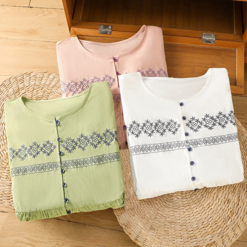 Nimara Ritual Embroidery Pleated Buttons Long Lantern Sleeve Women's Cotton Shirt