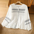 Nimara Ritual Embroidery Pleated Buttons Long Lantern Sleeve Women's Cotton Shirt