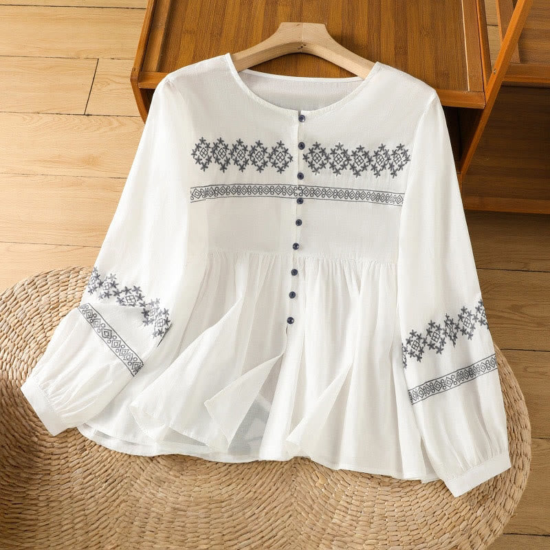 Nimara Ritual Embroidery Pleated Buttons Long Lantern Sleeve Women's Cotton Shirt