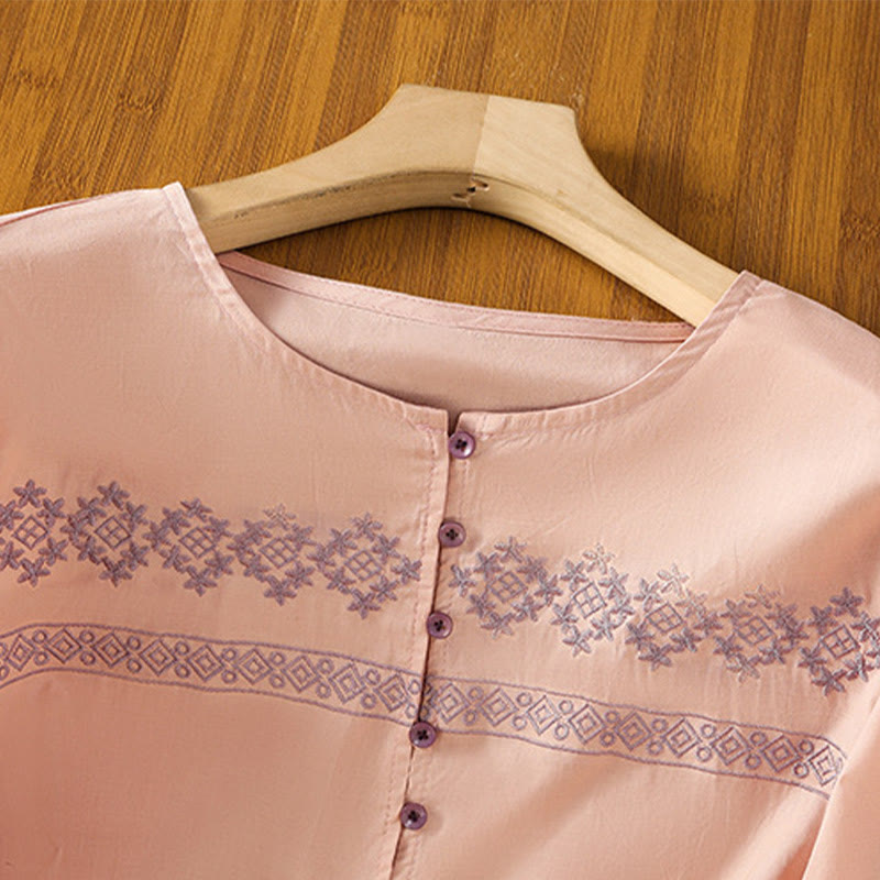 Nimara Ritual Embroidery Pleated Buttons Long Lantern Sleeve Women's Cotton Shirt
