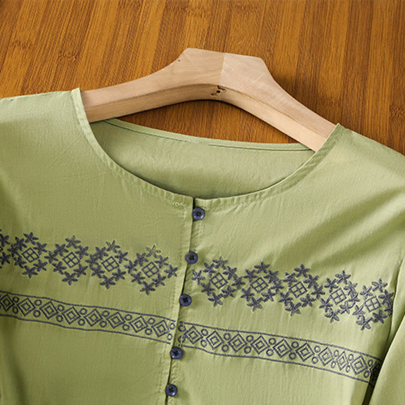 Nimara Ritual Embroidery Pleated Buttons Long Lantern Sleeve Women's Cotton Shirt