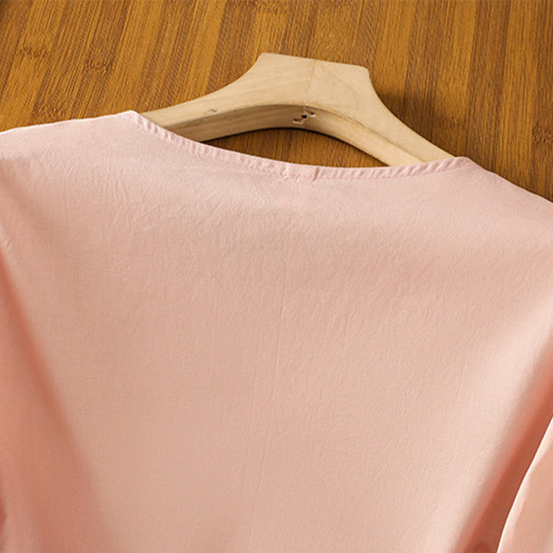 Nimara Ritual Embroidery Pleated Buttons Long Lantern Sleeve Women's Cotton Shirt