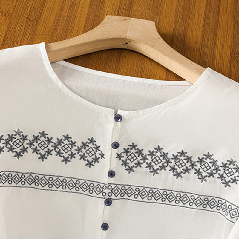 Nimara Ritual Embroidery Pleated Buttons Long Lantern Sleeve Women's Cotton Shirt