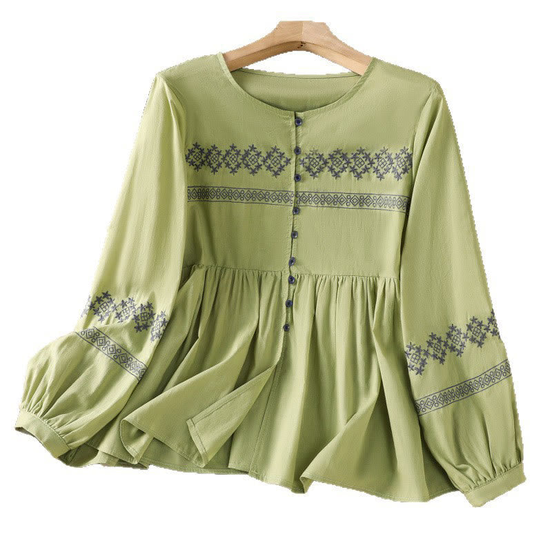 Nimara Ritual Embroidery Pleated Buttons Long Lantern Sleeve Women's Cotton Shirt