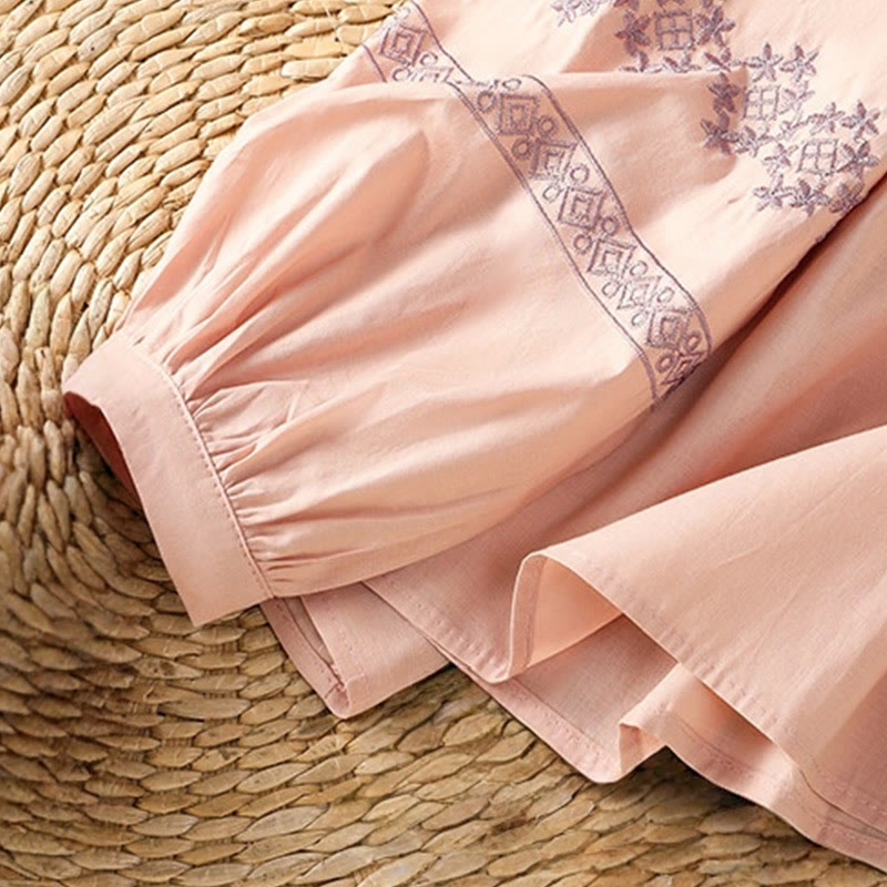 Nimara Ritual Embroidery Pleated Buttons Long Lantern Sleeve Women's Cotton Shirt