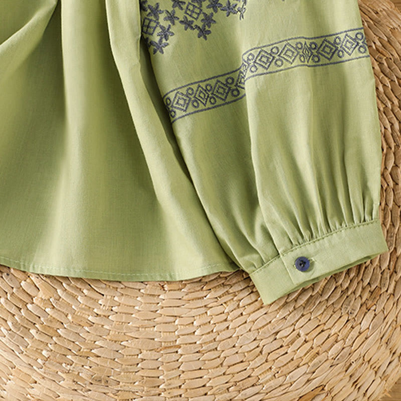 Nimara Ritual Embroidery Pleated Buttons Long Lantern Sleeve Women's Cotton Shirt