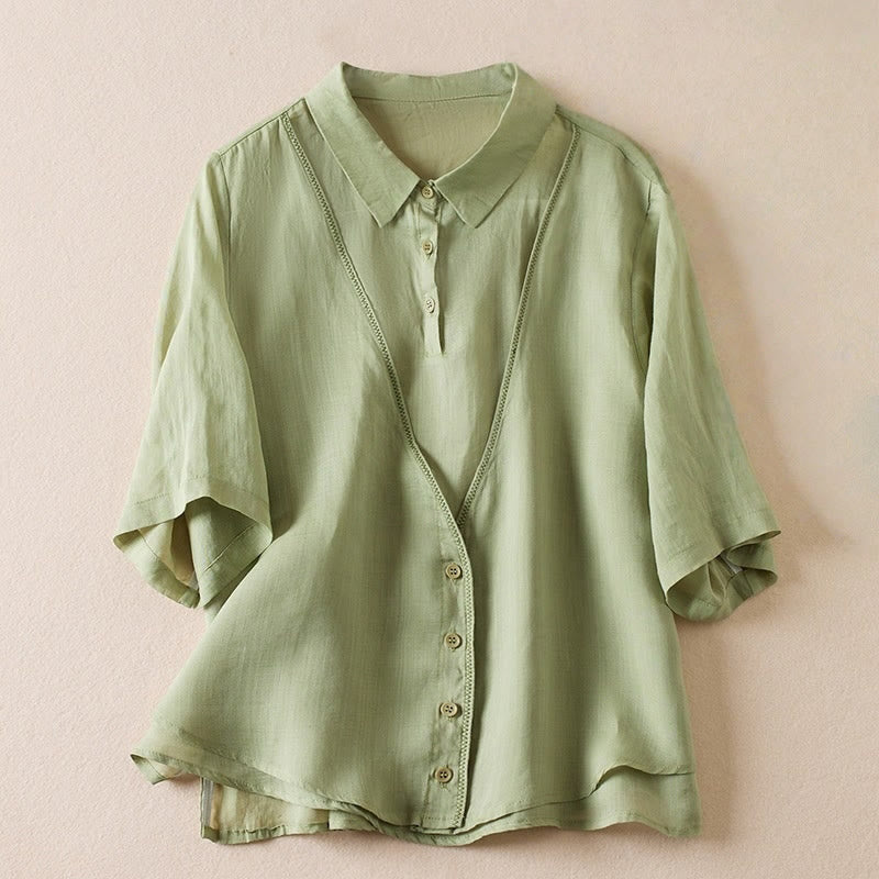 Nimara Ritual Retro Plain Fake Two Pieces Button Half Sleeve Design Women's Cotton Linen Shirt
