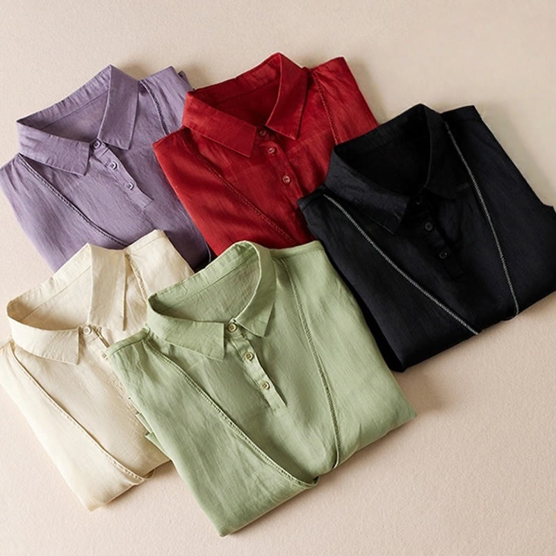 Nimara Ritual Retro Plain Fake Two Pieces Button Half Sleeve Design Women's Cotton Linen Shirt