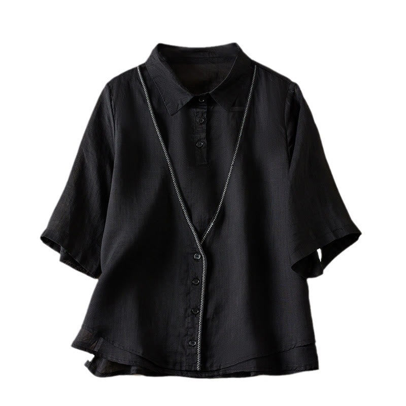 Nimara Ritual Retro Plain Fake Two Pieces Button Half Sleeve Design Women's Cotton Linen Shirt