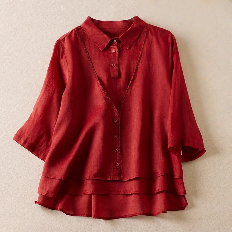 Nimara Ritual Retro Plain Fake Two Pieces Button Half Sleeve Design Women's Cotton Linen Shirt