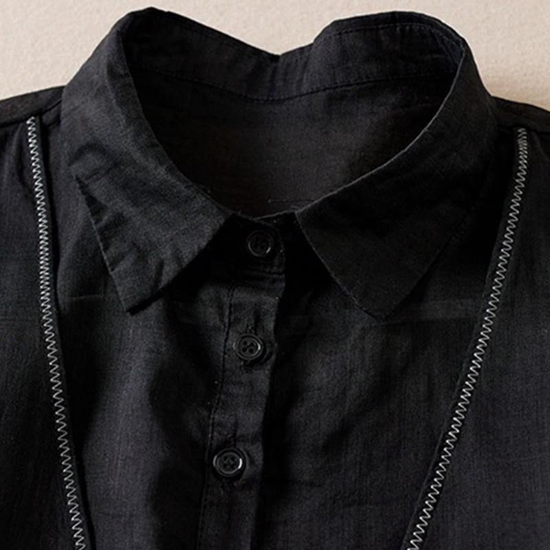 Nimara Ritual Retro Plain Fake Two Pieces Button Half Sleeve Design Women's Cotton Linen Shirt