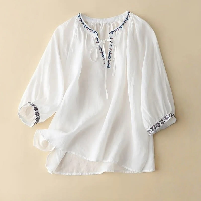 Nimara Ritual Summer Embroided Three Quarter Lantern Sleeve Women's T-Shirt