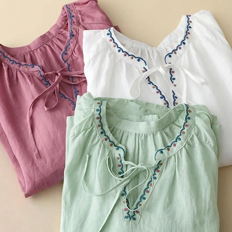 Nimara Ritual Summer Embroided Three Quarter Lantern Sleeve Women's T-Shirt