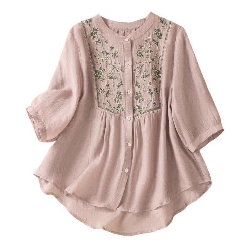 Nimara Ritual Embroidery Single Breasted Women's Cotton Linen Three Quarter Sleeve Shirt