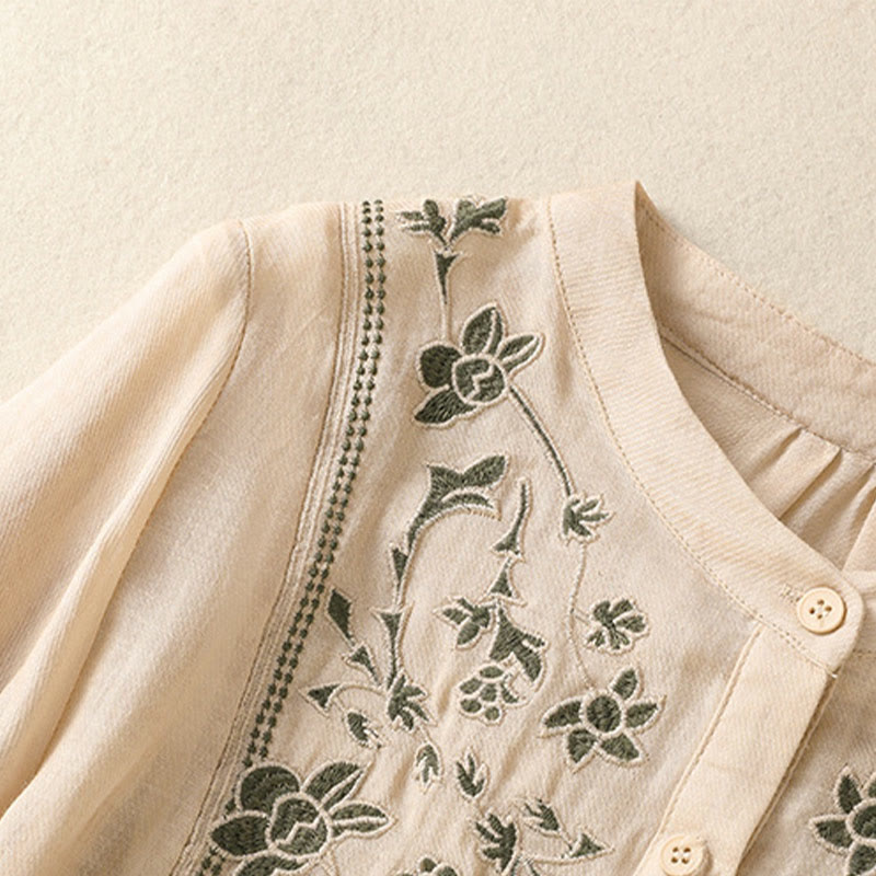 Nimara Ritual Embroidery Single Breasted Women's Cotton Linen Three Quarter Sleeve Shirt