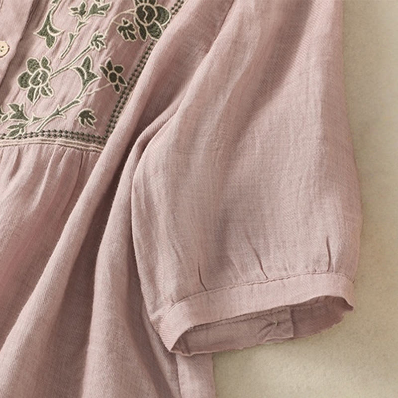 Nimara Ritual Embroidery Single Breasted Women's Cotton Linen Three Quarter Sleeve Shirt