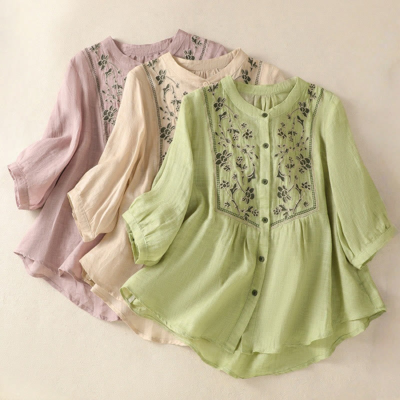 Nimara Ritual Embroidery Single Breasted Women's Cotton Linen Three Quarter Sleeve Shirt