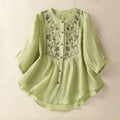 Nimara Ritual Embroidery Single Breasted Women's Cotton Linen Three Quarter Sleeve Shirt