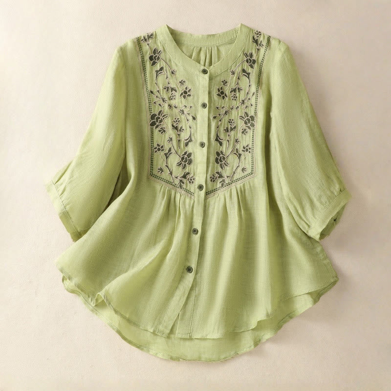 Nimara Ritual Embroidery Single Breasted Women's Cotton Linen Three Quarter Sleeve Shirt