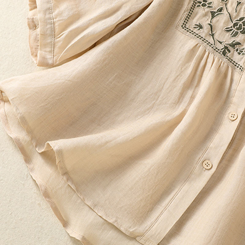 Nimara Ritual Embroidery Single Breasted Women's Cotton Linen Three Quarter Sleeve Shirt